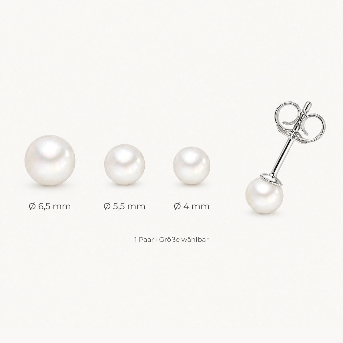 Ohrstecker in 925er Silber rhodiniert mit Zuchtperle – Perlen 4 / 5,5 / 6,5 mm, Größe wählbar