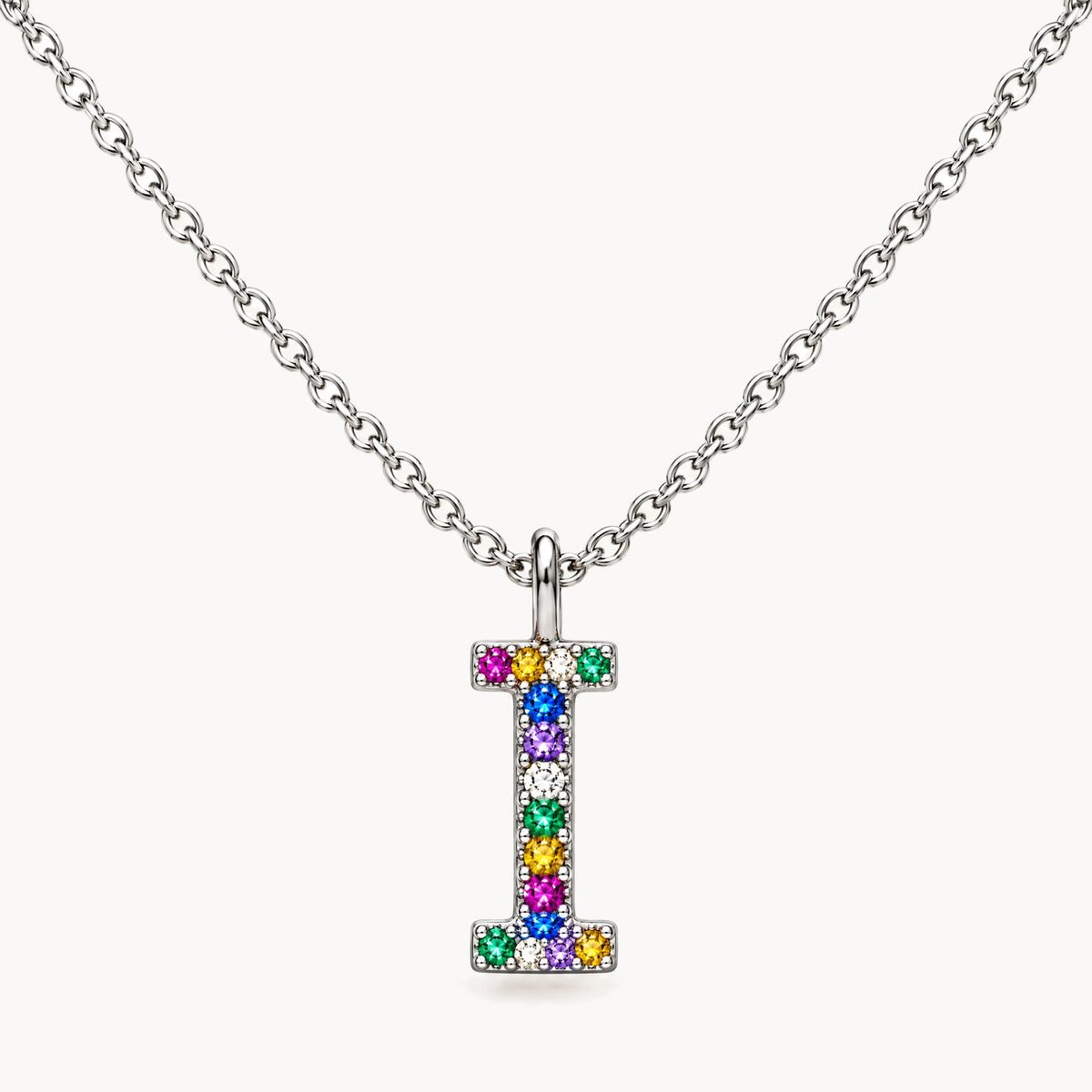 Buchstabencollier in 925er Silber rhodiniert mit gefärbtem Zirkonia – Buchstabe I