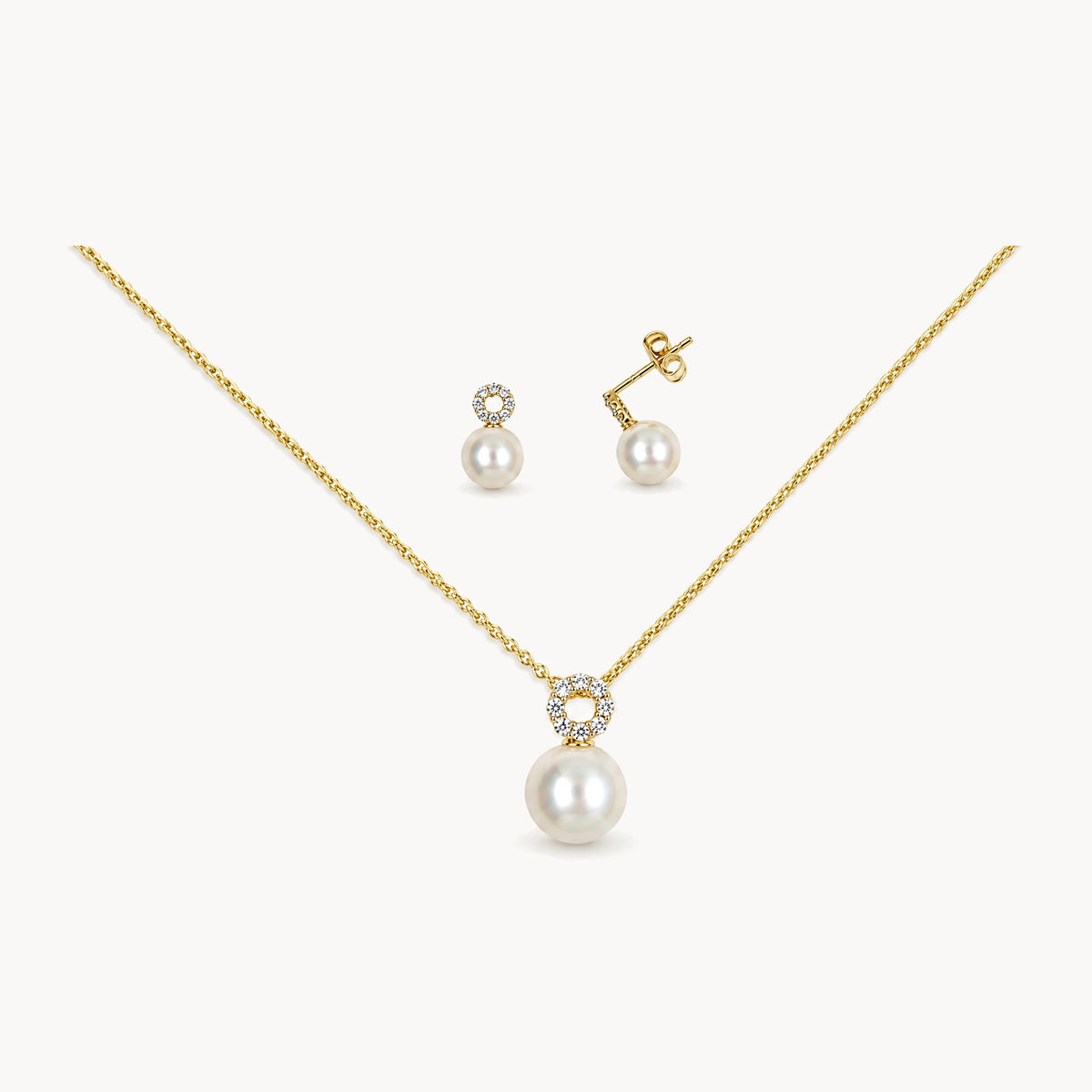 Collier/Ohrstecker in 333er Gelbgold mit Zuchtperle & Zirkonia