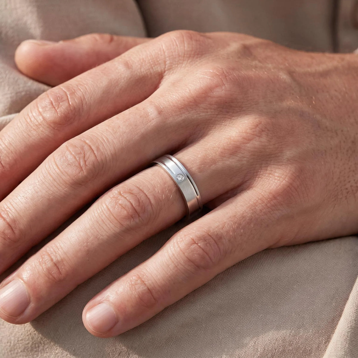 Freundschaftsring in 925er Silber mit Zirkonia, an der Herrenhand getragen (KI-generiert)