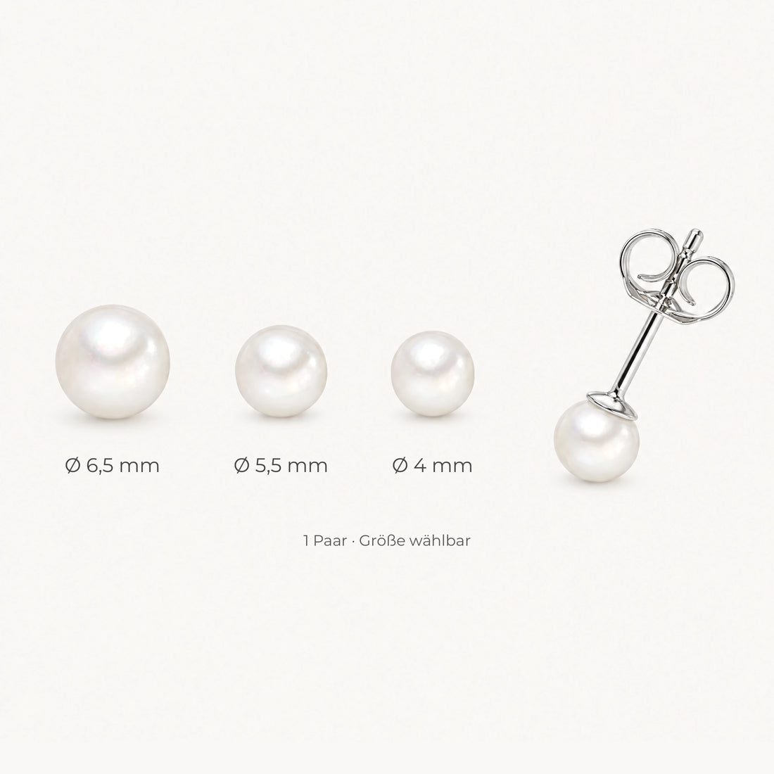 Ohrstecker in 925er Silber rhodiniert mit Zuchtperle – Perlen 4 / 5,5 / 6,5 mm, Größe wählbar