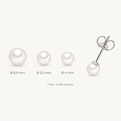 Ohrstecker in 925er Silber rhodiniert mit Zuchtperle – Perlen 4 / 5,5 / 6,5 mm, Größe wählbar