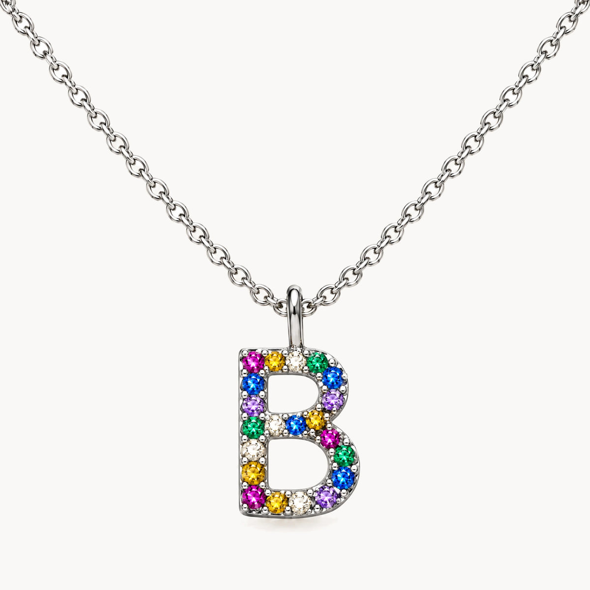 Buchstabencollier in 925er Silber rhodiniert mit gefärbtem Zirkonia – Buchstabe B