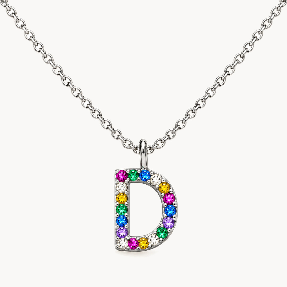 Buchstabencollier in 925er Silber rhodiniert mit gefärbtem Zirkonia – Buchstabe D