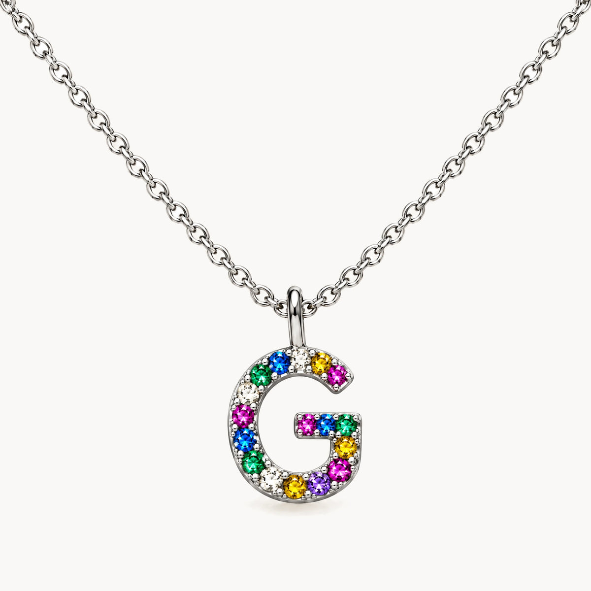 Buchstabencollier in 925er Silber rhodiniert mit gefärbtem Zirkonia – Buchstabe G