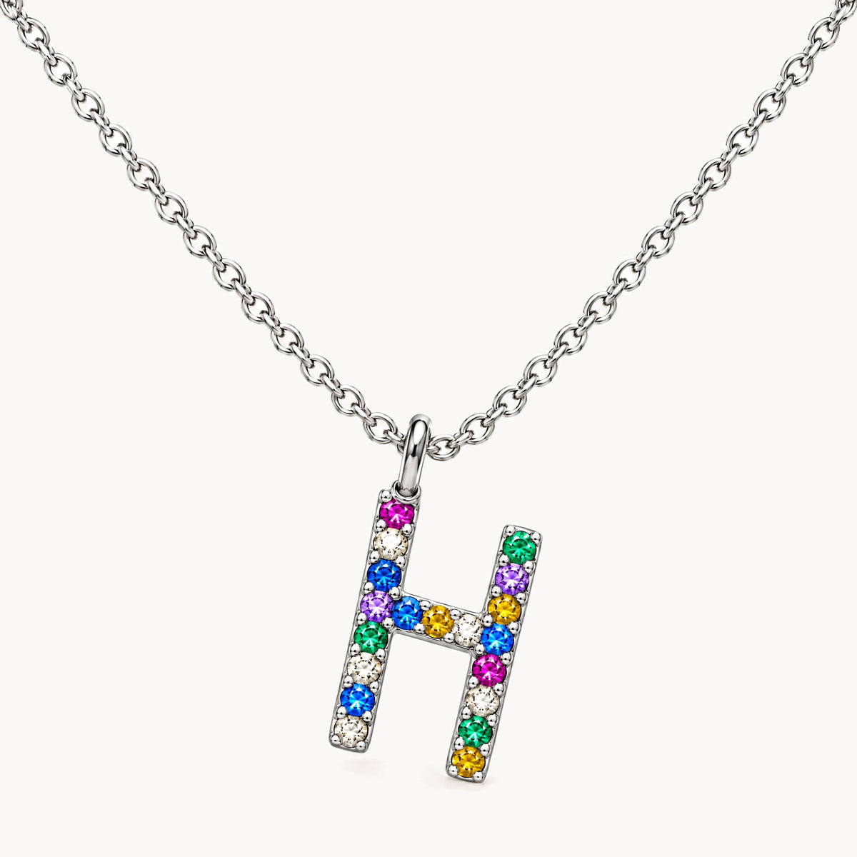 Buchstabencollier in 925er Silber rhodiniert mit gefärbtem Zirkonia – Buchstabe H