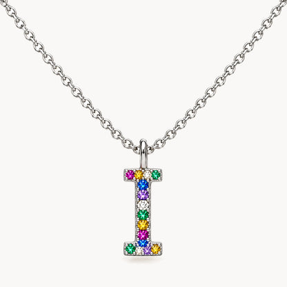 Buchstabencollier in 925er Silber rhodiniert mit gefärbtem Zirkonia – Buchstabe I