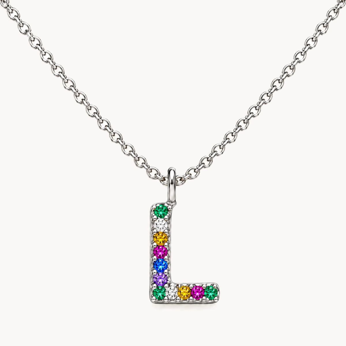Buchstabencollier in 925er Silber rhodiniert mit gefärbtem Zirkonia – Buchstabe L