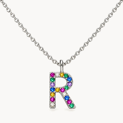 Buchstabencollier in 925er Silber rhodiniert mit gefärbtem Zirkonia – Buchstabe R