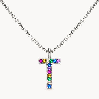 Buchstabencollier in 925er Silber rhodiniert mit gefärbtem Zirkonia – Buchstabe T