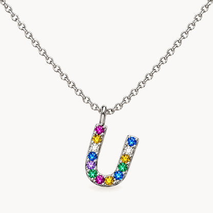 Buchstabencollier in 925er Silber rhodiniert mit gefärbtem Zirkonia – Buchstabe U