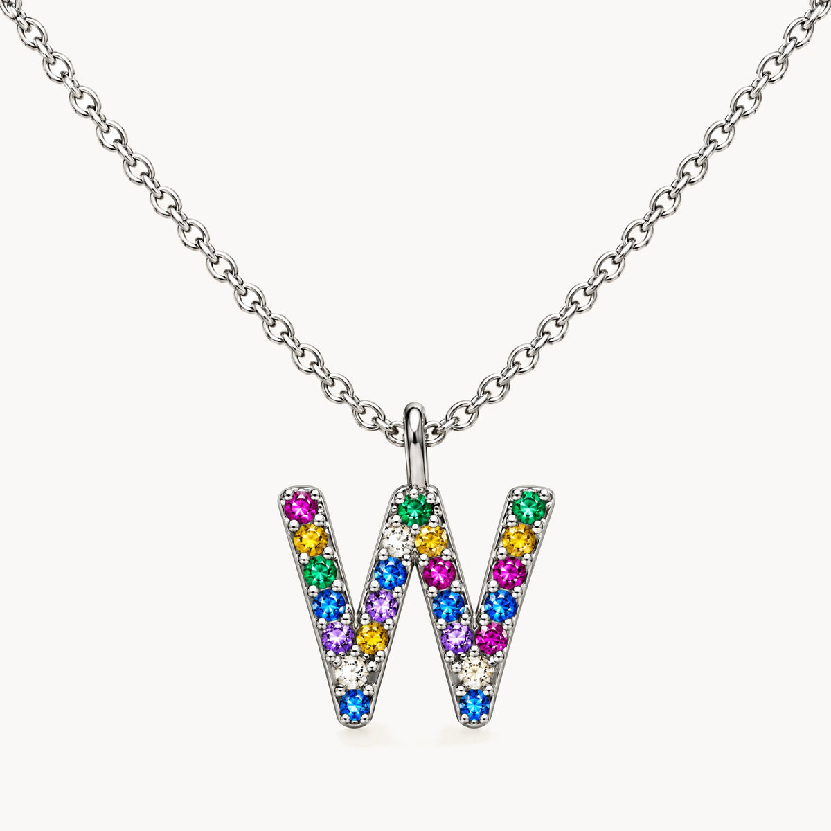 Buchstabencollier in 925er Silber rhodiniert mit gefärbtem Zirkonia – Buchstabe W
