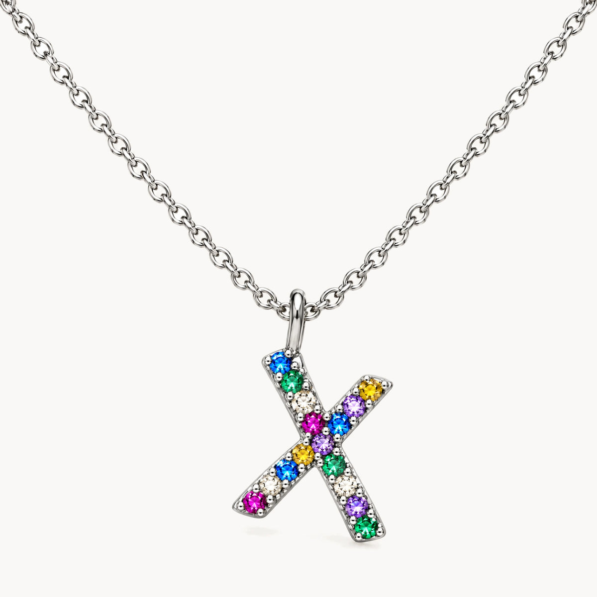 Buchstabencollier in 925er Silber rhodiniert mit gefärbtem Zirkonia – Buchstabe X