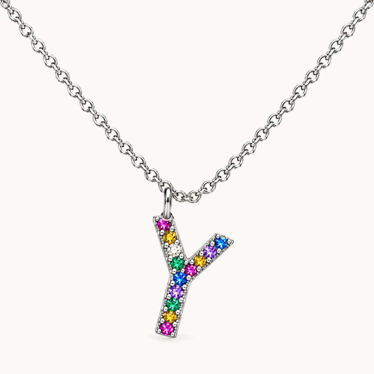 Buchstabencollier in 925er Silber rhodiniert mit gefärbtem Zirkonia – Buchstabe Y
