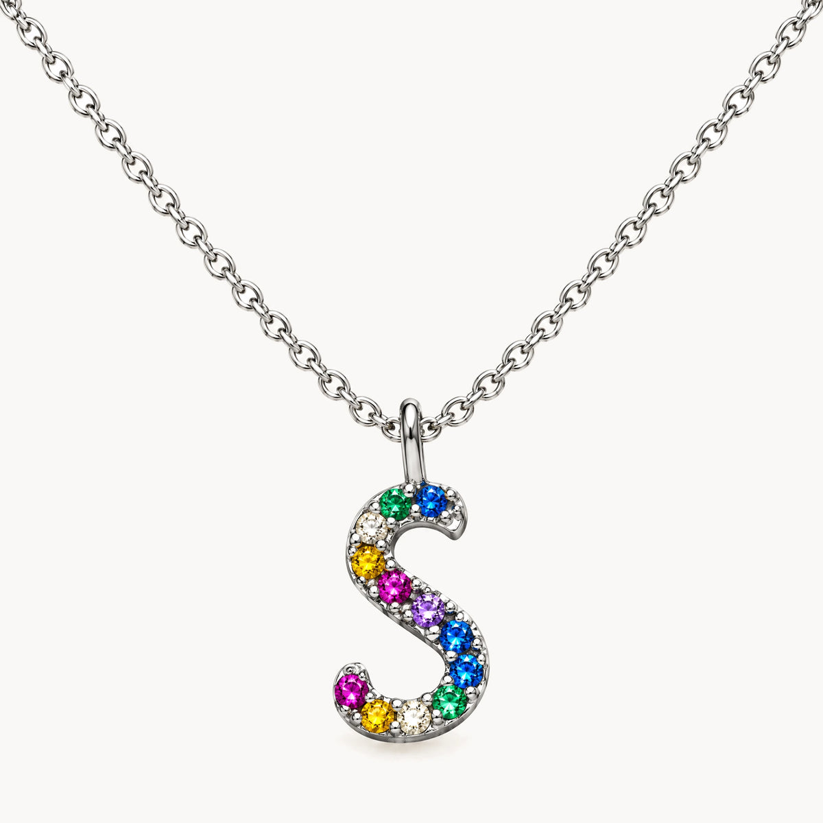 Buchstabencollier in 925er Silber rhodiniert mit gefärbtem Zirkonia – Buchstabe S