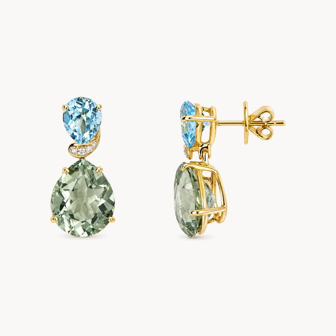 Ohrstecker in 750er Gelbgold mit Prasiolith, Topas &amp; Diamant