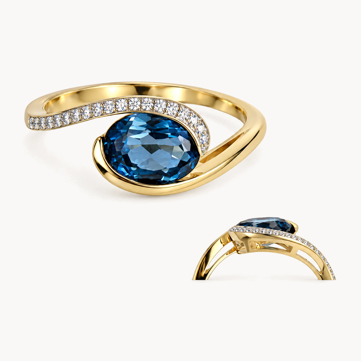 Damenring in 585er Gelbgold mit Blautopas &amp; Diamant